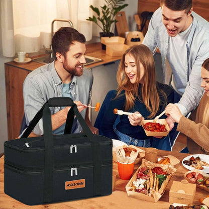 Double Decker Insulated Casserole Carrier for Hot or Cold Food, Expandable Insulated Food Carrier for Parties, Picnic, Beach, Fits 9"x13" Baking Dish (Black)