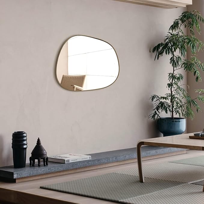 ELEHUME Asymmetrical Mirror for Wall Decor 23"*30", Modern Brass Framed Wall Mirror for Living Room Bathroom Bedroom Entryway ELE-STOU-0064G