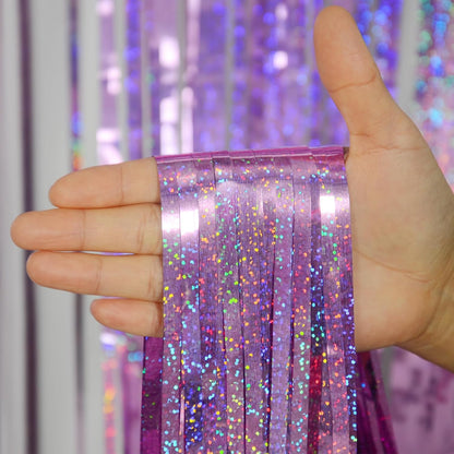 Melsan 2 Pack 3.2 ft x 8.2 ft Tinsel Foil Fringe Curtains Backdrop, Sparkle Metallic Foil Curtains for Party Photo Booth Props Decoration, Pinkish Purple