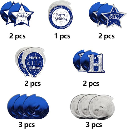 Happy 11th Birthday Blue & Silver Glitter Swirls Streamers Party Decorations - 15 Pcs 11th Birthday Hanging Swirls Streamers Kit,Cheers to Eleven Years Old Bday Party Sign.