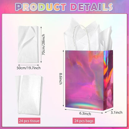 24 Pcs Iridescent Pink Gift Bags Decorations, Holographic Foil Party Favor Bags with Handles, Pink Paper Candy Goodie Bag with 24 Tissue Paper for Graduation Birthday Baby Shower Party Supplies