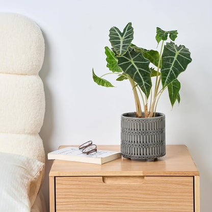 STHIE 5 Inch Ceramic Planters for Indoor Plants, Gray Cactus Snake Plant Pots with Drainage, Unique Design Round Flower Pot for Home Decoration
