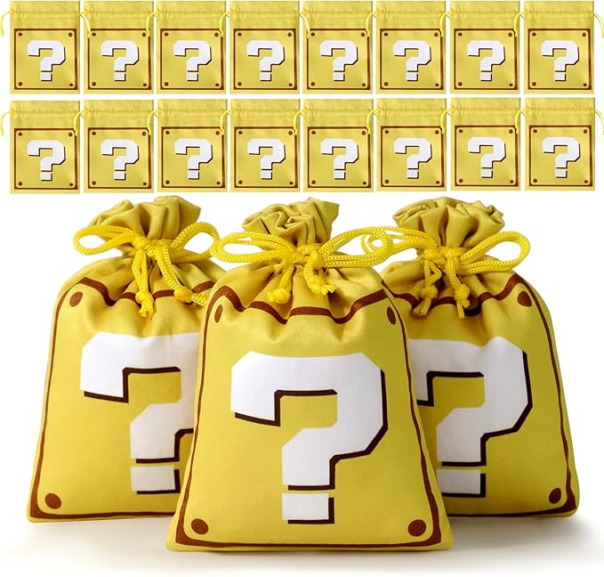 RICHNESS Question Mark Candy Bags -16 PCS Satin Drawstring Goodie Bags for Kids, Reusable Yellow Question Mark Party Favor Bags for Birthday, Retro Video Game Treat Pouches for Pinata Fillers Classroom Rewards