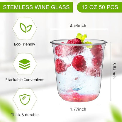 50 Pcs Disposable Stemless Glasses 12oz Crystal Plastic Wine Glasses Clear Classic Pet Cup for Meeting Weddings Birthdays Cocktail Christmas Party Supplies (Clear)