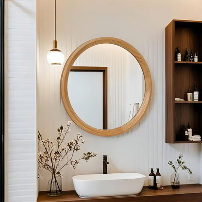 23.62" Round Natural Wood Wall Mirror Minimalist Mid-Century Modern Decorative Mirror with Sleek Solid Wood Frame HD Wall Mounted Mirror for Bathroom Vanity Living Room Bedroom Entryway