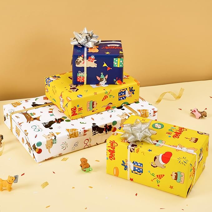 WERNNSAI Dog Wrapping Paper Rolls - 3 Rolls 17" x 120" Doggy Boys Wrapping Paper Rolls Puppy Gift Wrap Paper Kids Birthday Gift Packign Holiday Supply Short Roll Mini Roll with Cutting Line