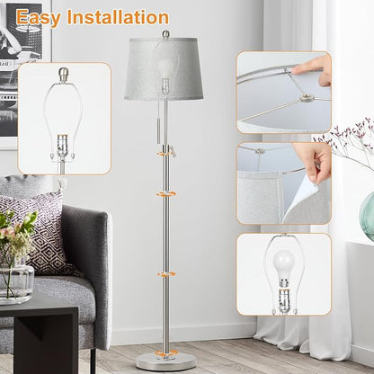 JUNNAI Floor Lamp for Living Room,Adjustable Height Standing Lamp,Dimmable Modern Floor Lamps for Bedroom Office Tall Floor Lights with Pull Chain Bulb Included-Silver Gray Shade