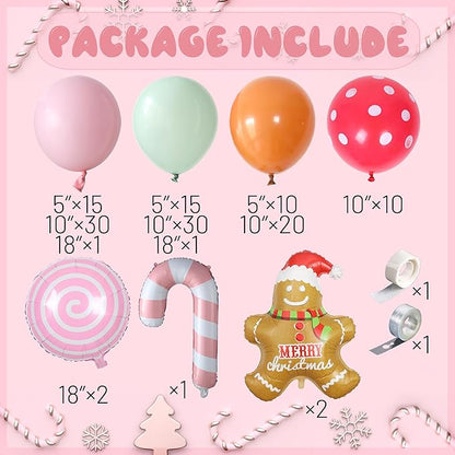 139Pcs Gingerbread Man Balloon Arch Garland Kit Pastel Pink Green Christmas Balloon Garland, Giant Gingerbread Man Candy Cane Sweet Lollipop Balloon for Xmas New Year Birthday Party Decorations