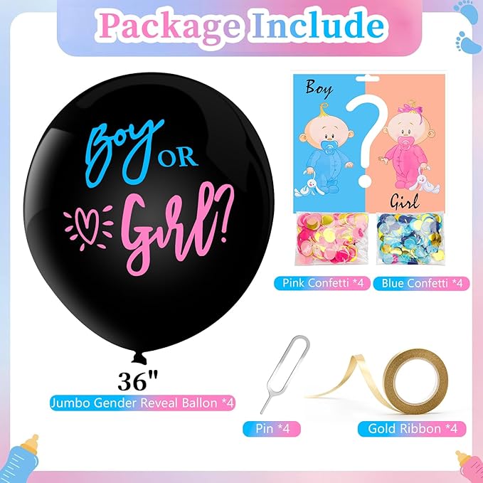 Yadiana 4Pcs Gender Reveal Balloons, 36 Inch Jumbo Baby Gender Reveal Confetti Balloons Black Boy or Girl Balloon with Blue Pink Confetti for Baby Shower Party Decorations