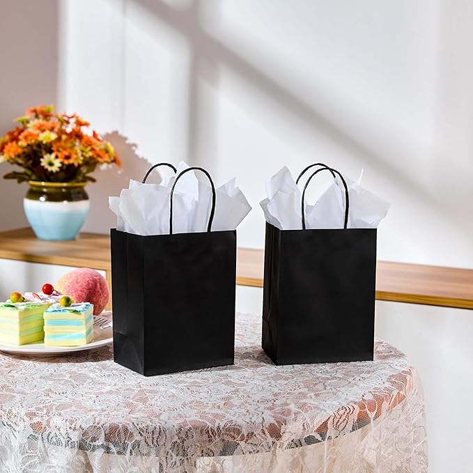 SUNCOLOR 50-Pack Mini Paper Gift Bags, 6" Mini Goodie Bags, Black Handle Party Favor Bags for Birthday, Halloween, Wedding