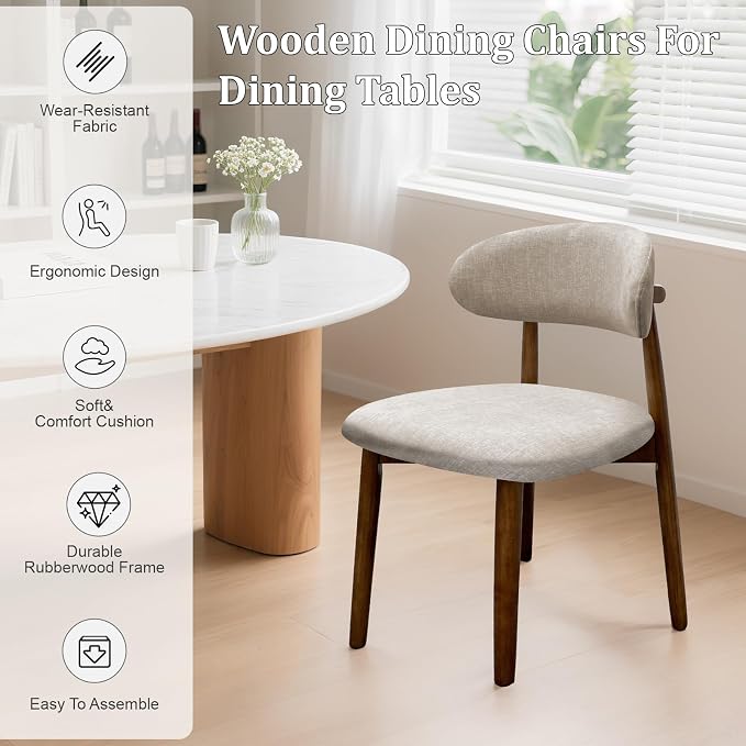 Farmhouse Dining Chairs Set of 2, Mid Century Modern Fabric Upholstered Kitchen Chairs, Wooden Dining Room Chair with Curved Back for Kitchen Dining Room Restaurant Cafe, Warm Gray (Only Chairs)