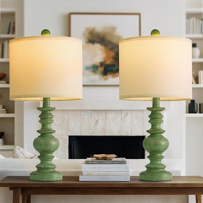 BOBOMOMO 20" Sage Green Table Lamps Set of 2 – Farmhouse Resin Bedside Lamps with Linen Shades, Handcrafted Traditional Rustic Lamp for Bedroom, Living Room, or Corner – Ideal for Small Spaces
