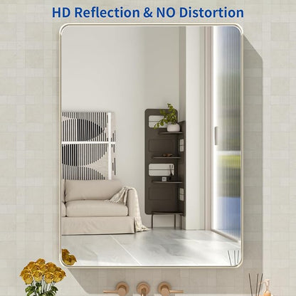 WEER 28X36 Inch Brushed Nickel Bathroom Mirror, Brushed Silver Metal Frame Mirror, Rounded Rectangle Silver Bathroom Vanity Mirror, Tempered Glass, Anti-Rust, Hangs Horizontally or Vertically