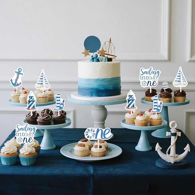 24pcs Nautical 1st Birthday Cupcake Topper Nautical First Birthday Decorations Sailing Into One Party Decoration Ocean Sailor Lighthouse Boat Anchor Party Cake Decoration for Little Captain