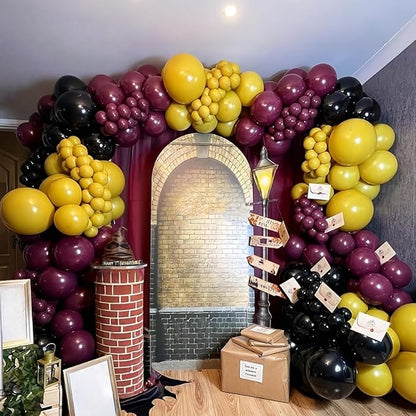 144PC Magic Balloons Arch Kit, Burgundy Black Gold Balloon Garland with DIY Broom Golden Sphere Foil Balloons, Maroon Mustard Yellow Confetti Balloon for School Birthday Decorations Party