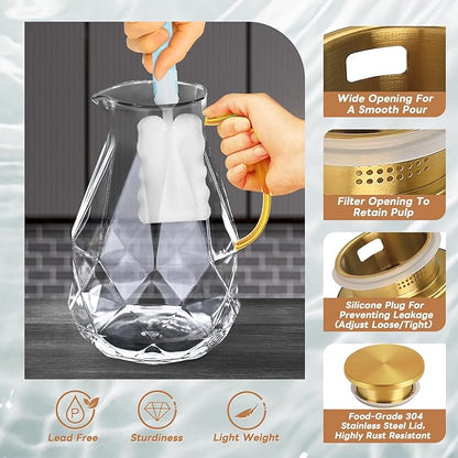 Glass Pitcher, 2.4Liter Water Pitcher With Lid, Iced Tea Pitcher for Fridge, Glass Water Carafe With Lid, Glass Water Jug, Large Drink Pitcher For Juice, Milk, Cold Or Hot Beverages, 2400ML