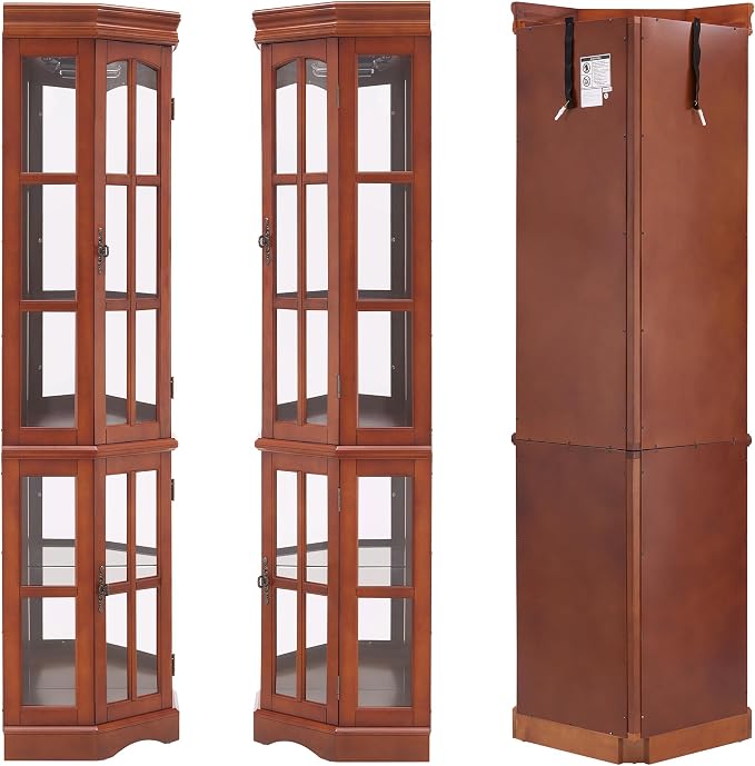 Corner Curio Cabinet with Lighting System, Adjustable Tempered Glass Shelves