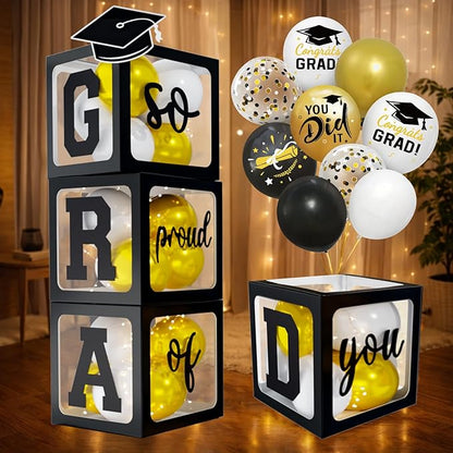 2026 Graduation Decorations - Black Balloon Boxes with Letters 2026 Grad & So Proud of You and Black White Gold Print Balloons, Graduation Party Decorations Class of 2026 for Any Grades(Black)