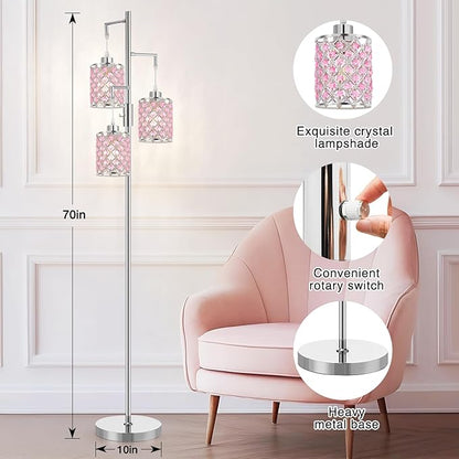 GyroVu Pink Crystal Floor Lamp, 3-Light Standing Tall Lamp with Sparkling K9 Crystal Shade, Rotary Switch, Easy Assemble Lamps for Living Room, Bedroom, Home Office, Girls Room