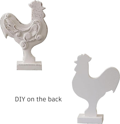 Rustic Small Chicken Statue Kitchen Decor 6 X 8 Inch, Handmade Distressed White Rooster Decor for Tabletop, Wooden Chicken Themed Gifts for Christmas Kitchen Mantel Dining Room Living Room