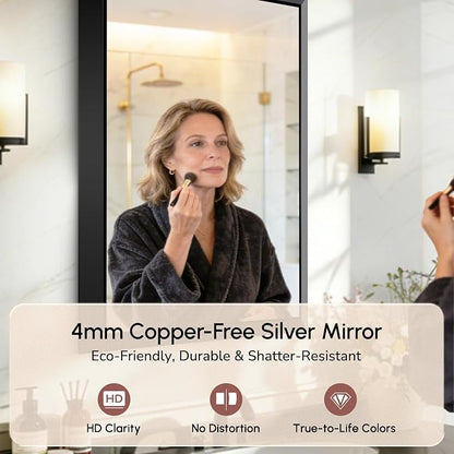 USHOWER 24x36 Inch Floating Bathroom Mirror - Brushed Black Wall Mirror for Over Sink, Anti-Rust, Beveled Aluminum Frame, Modern Rectangular HD Reflection Vanity Mirror(Copper-Free Silver Coating)