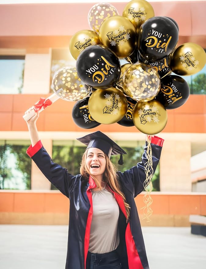 Graduation Balloons, Congrats Grad Balloons 12 Inch Black and Gold Balloon Class of 2026 Gold Confetti Latex Balloon for College High School Happy Graduation Party Decorations Supplies (18Pcs)