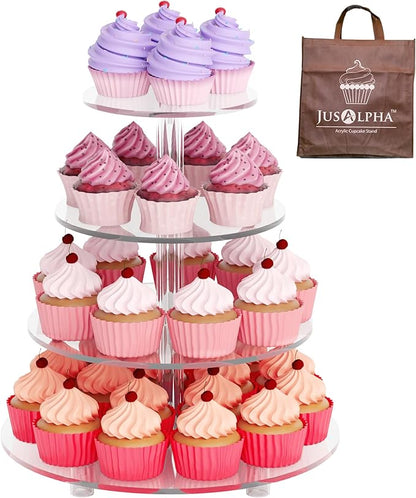 Jusalpha Large 4 Tier Cupcake Stand,Acrylic Round Cake Stand Dessert Tower Tea Party Serving Platter, Cupcake Tree Wedding Party Décor, Stand with Rod Feet (4RF)