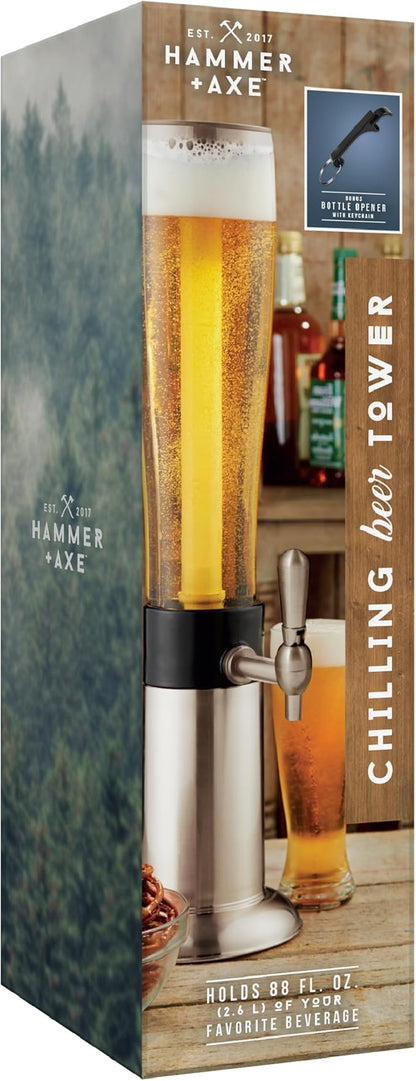 Hammer + Axe Beverage Dispenser – 88 oz Party Drink Dispenser with Ice Tube & Tap| Drink Fountain for Beer, Water, Iced Tea| Mimosa Tower| Margarita Tower| BBQ & Tailgate Essential| Home Bar Accessory