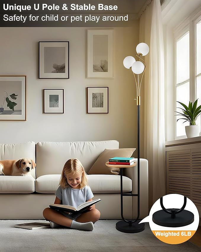 Lightdot Dimmable Gold &Black Floor Lamp with Tray 65IN Mid Century Standing Lamps with Shelf, 3000K Warm White Bulbs Included, Modern Globe Floor Lamp for Living Room/Bedroom/Sofa Beside/Corner Decor