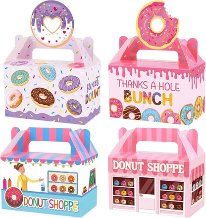 12 Pack Donut Party Favor Boxes Two Sweet Candy Treat Bags Cute Donut Goodie Bags with Dessert Thanks A Hole Bunch Candy Gift Birthday Boxes for Kids Birthday Baby Shower Party Decorations Supplies