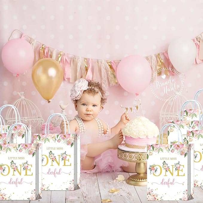 Tyndallrays 16 Pieces Miss Onederful One First Birthday Party Favors Bags,Onederful 1st Birthday Girl Gift Snacks Treat Candy Party Favors Bags with Handles for Girls 1st Birthday Party Decorations