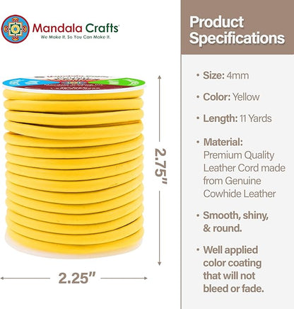 Mandala Crafts Round Genuine Yellow Leather Cord for Jewelry Making – 4mm Cowhide Leather Rope String Lace for Kumihimo – 11 Yards Cowhide Craft Cording Spool