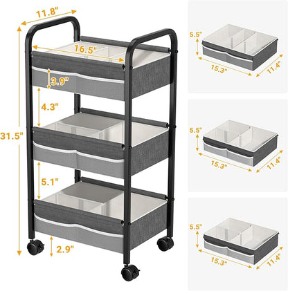 Baby Diaper Caddy Rolling Utility Cart, 3 Tier Baby Essentials Nursery Organizer and Storage with Dividers and Drawers for Crib, Bedroom, Art & Craft Organizer (Black)