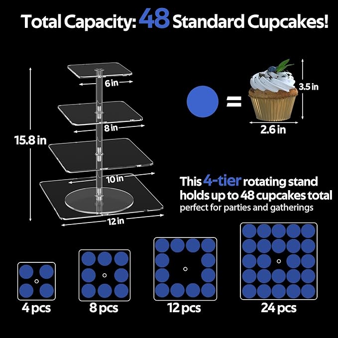 4-Tier Rotating Cupcake Stand, Clear Acrylic 360° Spinning Dessert Display Tower for Cakes & Pastries, Serving Stand for Weddings, Birthdays, Parties - Square