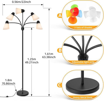 FOLKSMATE LED Floor Lamp, Medusa Multi Head Modern Tall, Rustic Adjustable Reading Standing Light for Living/Kids Room, Bedroom, Black