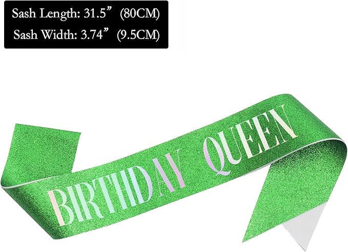 Birthday Queen Sash, Dazzle Foil Letter Glitter Green Birthday Sash for Women Girl 21st 30th 40th 50th 60th Funny Bday Gifts Party Favors Photo Prop