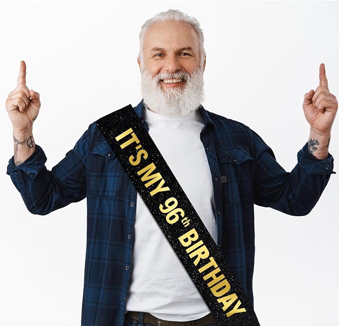 It's My 96th Birthday Sash for Men Women, Black Glitter Sash with Gold Foil