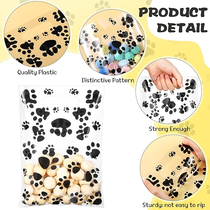 Pasimy 100 Pcs Dog Paw Gift Bags Bulk Pet Paw Puppy Plastic Treat Favor Candy Goodie Bags with Handle for Dog Birthday Party Decoration Supplies(Clear Black)