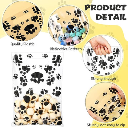 Pasimy 100 Pcs Dog Paw Gift Bags Bulk Pet Paw Puppy Plastic Treat Favor Candy Goodie Bags with Handle for Dog Birthday Party Decoration Supplies(Clear Black)