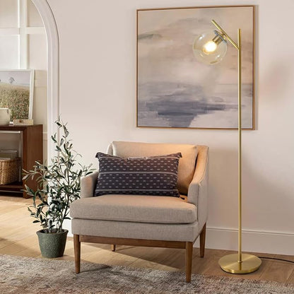Mid Century Modern Floor Lamp for Living Room Retro Vintage Brass Standing Light Industrial Cognac Glass Globe Floor Freestanding Lamp for Office Hotel Bedroom
