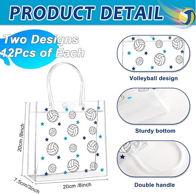 24Pcs Volleyball Clear PVC Gift Bags with Handles Bulk 8 x 8 x 3In Sport Theme Goodie Treat Candy Bags Volleyball Team Present Wrap Tote Bag for Boys Birthday Party Favor Baby Shower Decors Supplies
