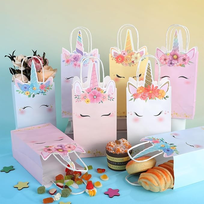 ZOIIWA 24Pcs Unicorn Party Favor Bags Rainbow Themed Treat Bags Pastel Unicorn Candy Goodie Bag Princess Paper Gift Bag with Handle Decorations for Birthday Baby Shower Wedding Party Decor Supplies