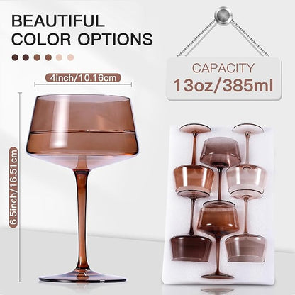 JOVGANK Amber Coupe Glasses Set of 6, Hand Blown Brown Martini Glasses 13Oz, Champagne & Cocktail Luxury Coupe Glasses, Bar Manhattan Glass, Mother's Day Gift for Espresso Martini Glass