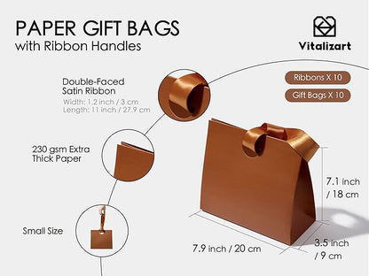 Vitalizart Paper Gift Bags With Ribbon Handles Set of 10 Brown Bulk Reusable For Gift Wrap Girls Kids Birthday Bridal Shower Party Favors Goodie Bags Candy Toys Christmas 7.87"x3.54"x7.09" Small Size
