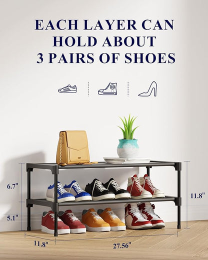 Kitsure Shoe Rack - Non-Woven Shoe Rack Shelf, Shoe Organizer for Closet, Entryway, Garage & Corridor, Stackable Shoe Shelves, 27.5" Wide - 2 Tier, Black