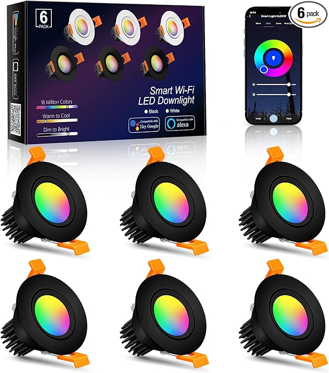 Smart WiFi 2 Inch Black LED Downlight, 5W 120V RGBCW Recessed Light, Dimmable COB 2700K-5000K, Compatible with Alexa/Google, LED Can Lights with Driver, 6 Pack