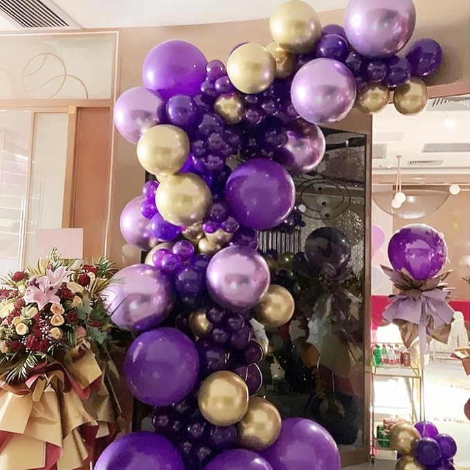 MEBAY Purple and Gold Balloons Arch Kit, 155Pcs Lavender Dark Purple Pastel Purple Lilac and Gold Balloon Garland for Baby Girl Princess Party Birthday Graduation