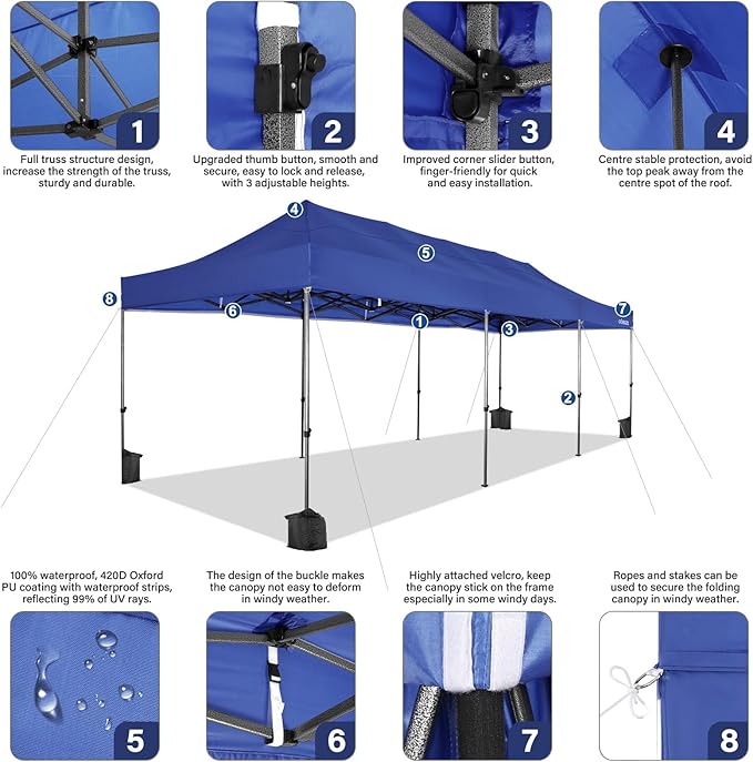 COBIZI 10x30 Heavy Duty Pop Up Canopy Tent with 8 Sidewalls Thicken Frame, Commercial Easy Up Outdoor Wedding Party Tents, All Season Waterproof Windproof with Stakes Sandbags Roller Bag, Navy Blue