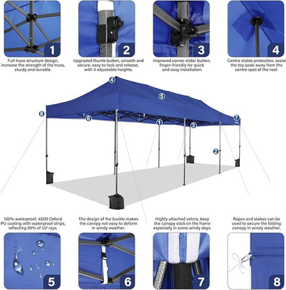 COBIZI 10x30 Heavy Duty Pop Up Canopy Tent with 8 Sidewalls Thicken Frame, Commercial Easy Up Outdoor Wedding Party Tents, All Season Waterproof Windproof with Stakes Sandbags Roller Bag, Navy Blue