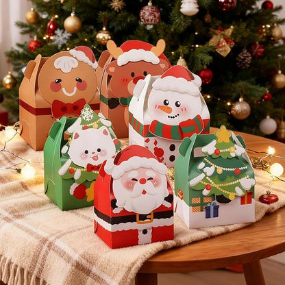 Muswarm 24 PCS Christmas Small Gift Boxes, Xmas 3D Cartoon Paper Boxes for Presents with Handles, Candy Treat Cookie Box, School Classroom Holiday Party Favor Supplies, 6 Designs